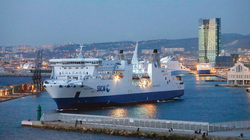 The car ferry « Paglia Orba » operated by the SNCM leaves the port of Marseille